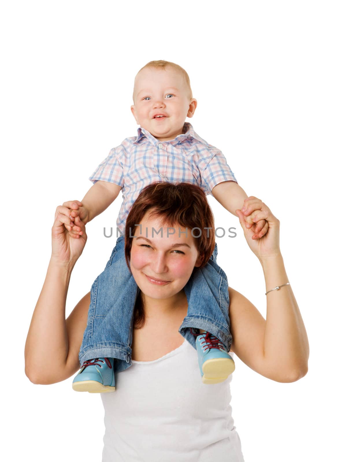Happy mother holding one year son isolated on white