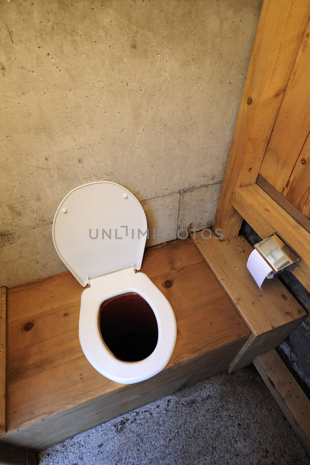 View of the interior of a longdrop toilet in the Swiss alps. Space for text on the wall behind.