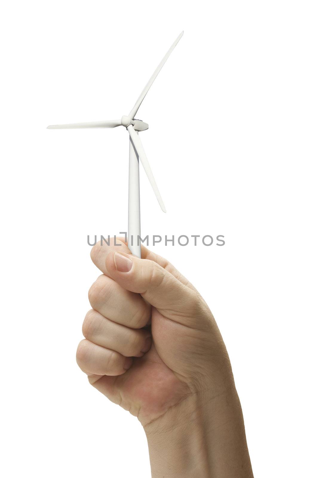 Male Fist Holding Wind Turbine Isolated on a White Background.