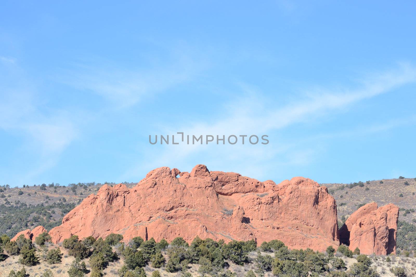 Scenic view of Kissing Camels rock formation at Garden Of The Gods Park outside of Colorado Springs, Colorado.