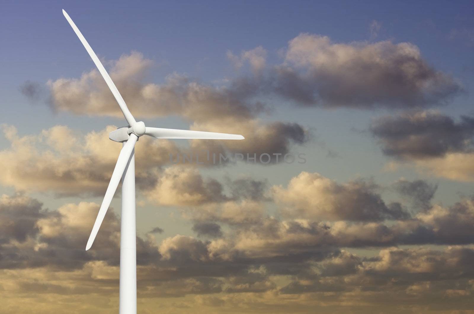 Single Wind Turbine Over Dramatic Blue Sky and Clouds.