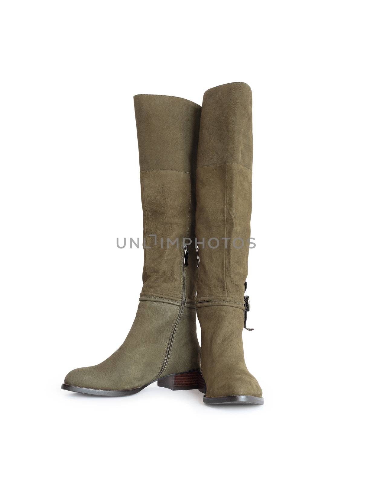 Nice new female olive green high boots. Isolated on white with clipping path