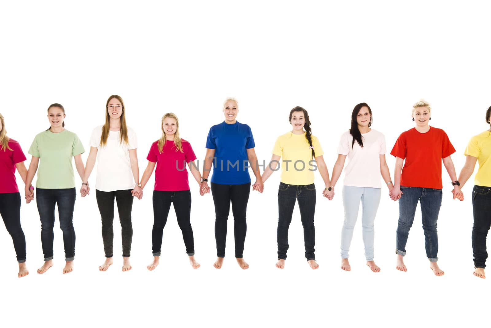 Girls in colored shirts holding hands isolated on white background