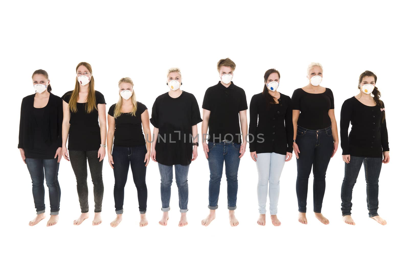 Girls in a row with Protective Masks isolated on white background