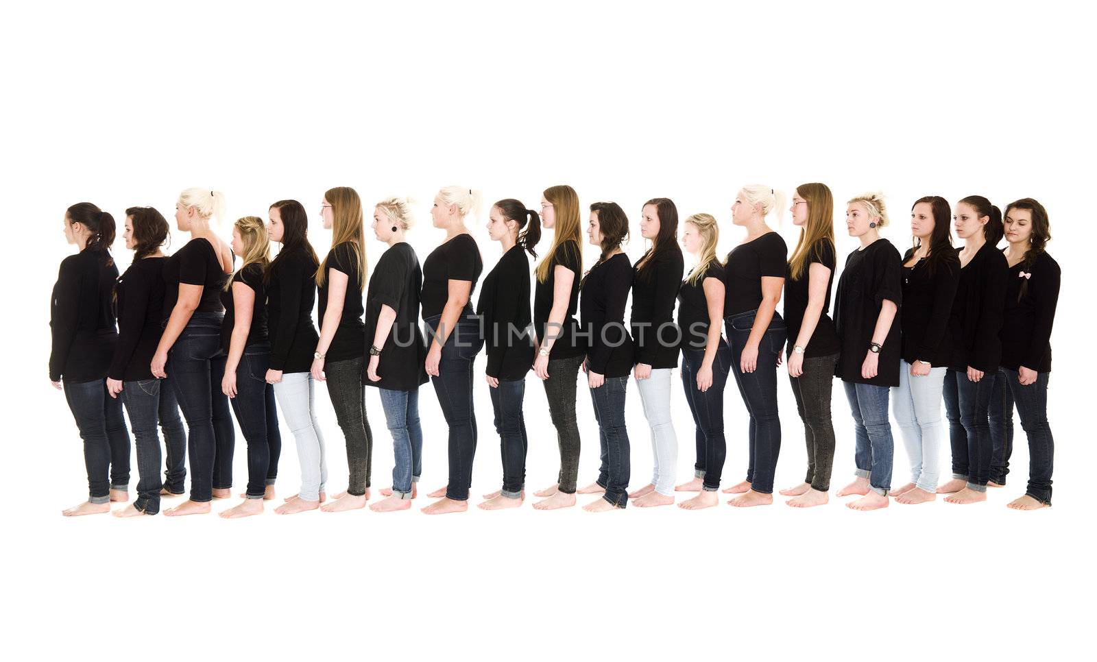 Group of women waiting in a line isolated on white background