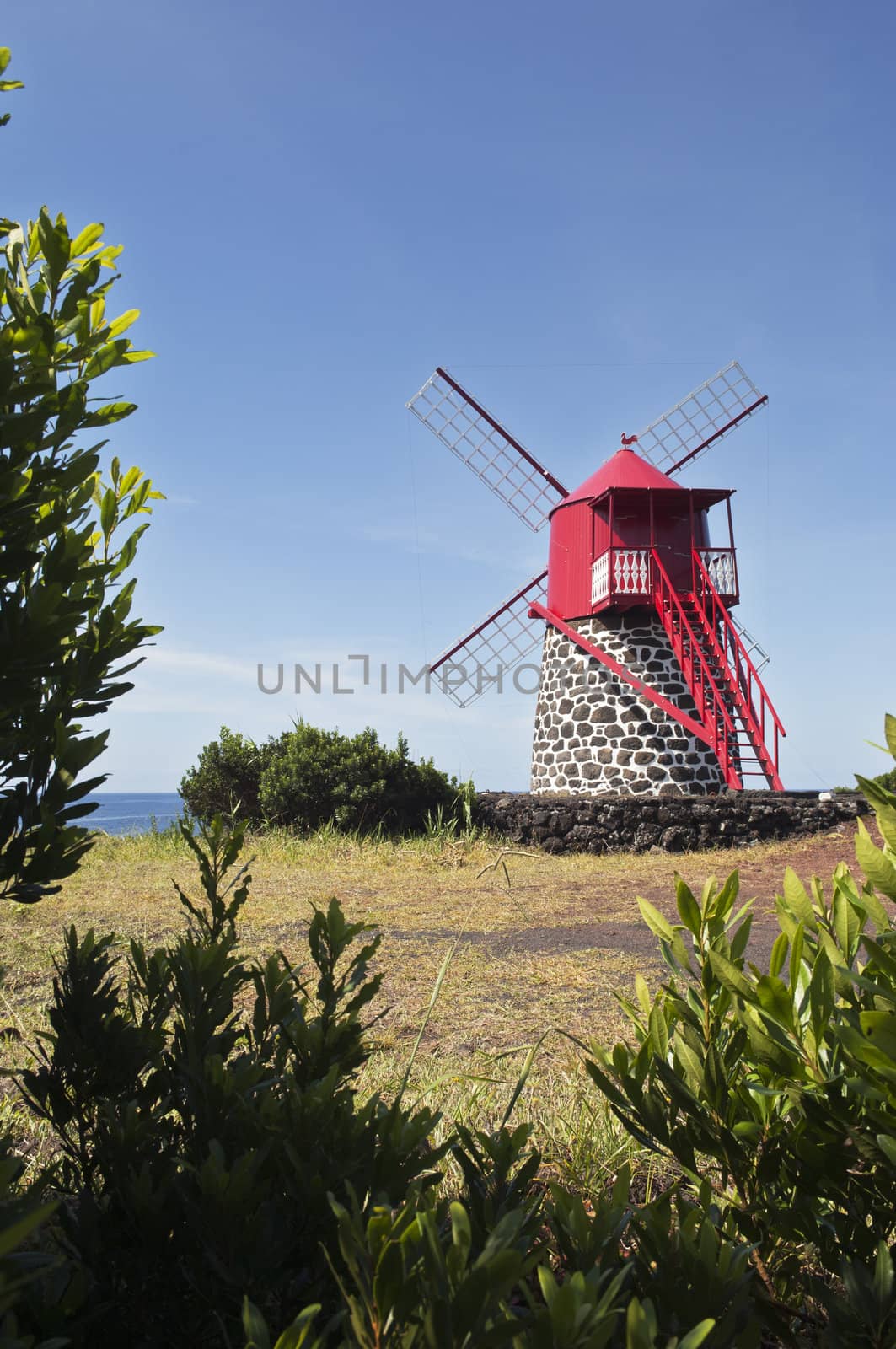 Red windmill in the coast of Pico island, Azores
