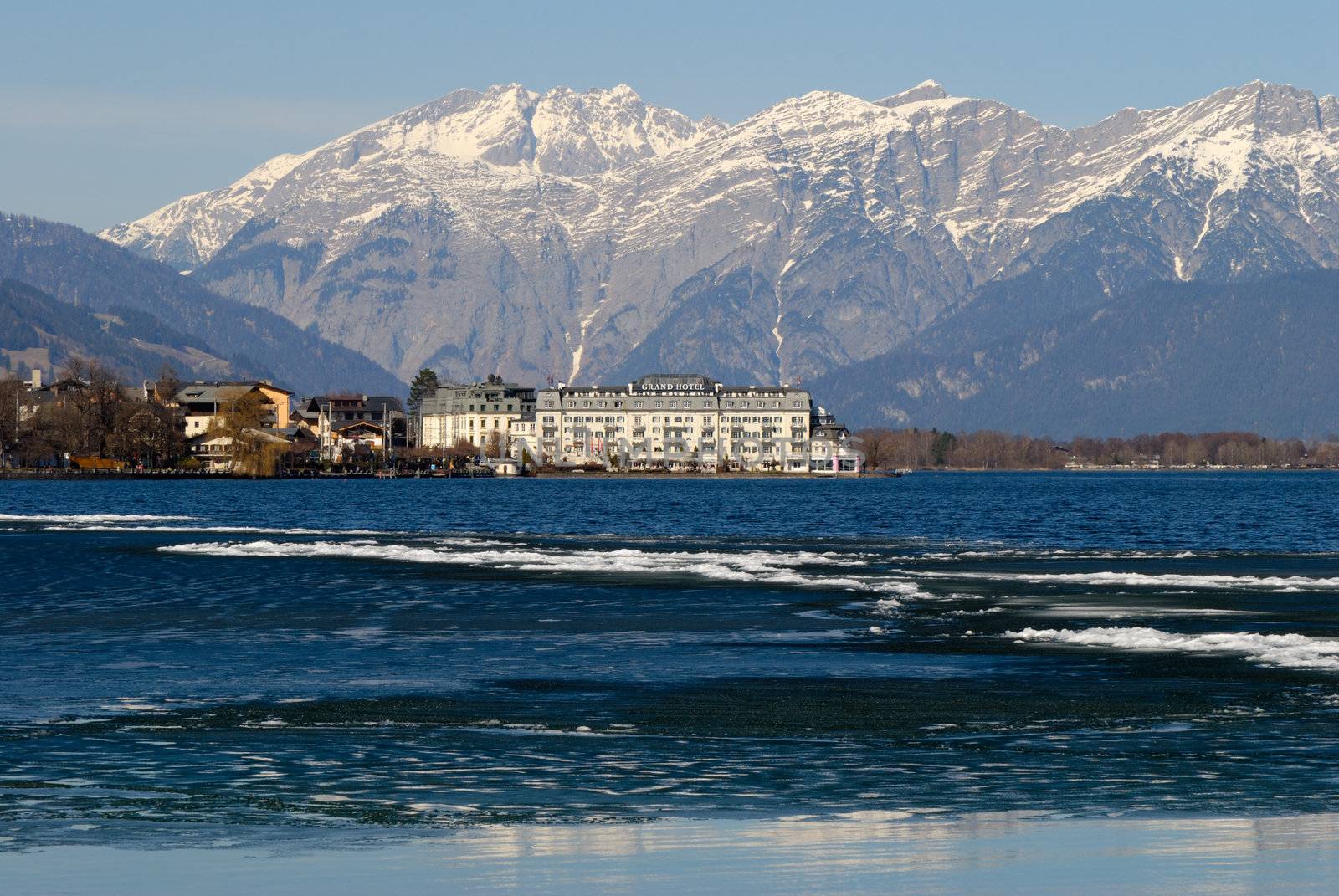 Melting ice on the lake of Zell am See in Austria