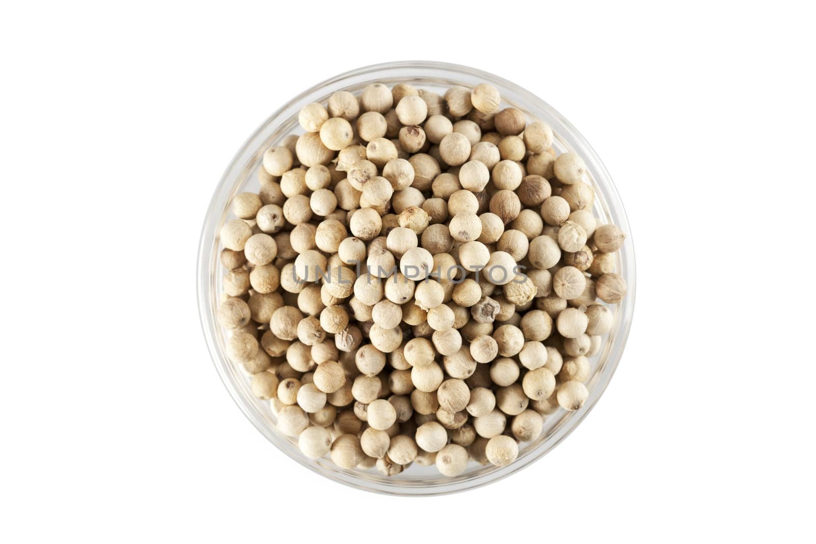 Glass bowl of white peppercorns shot from above and isolated on white.