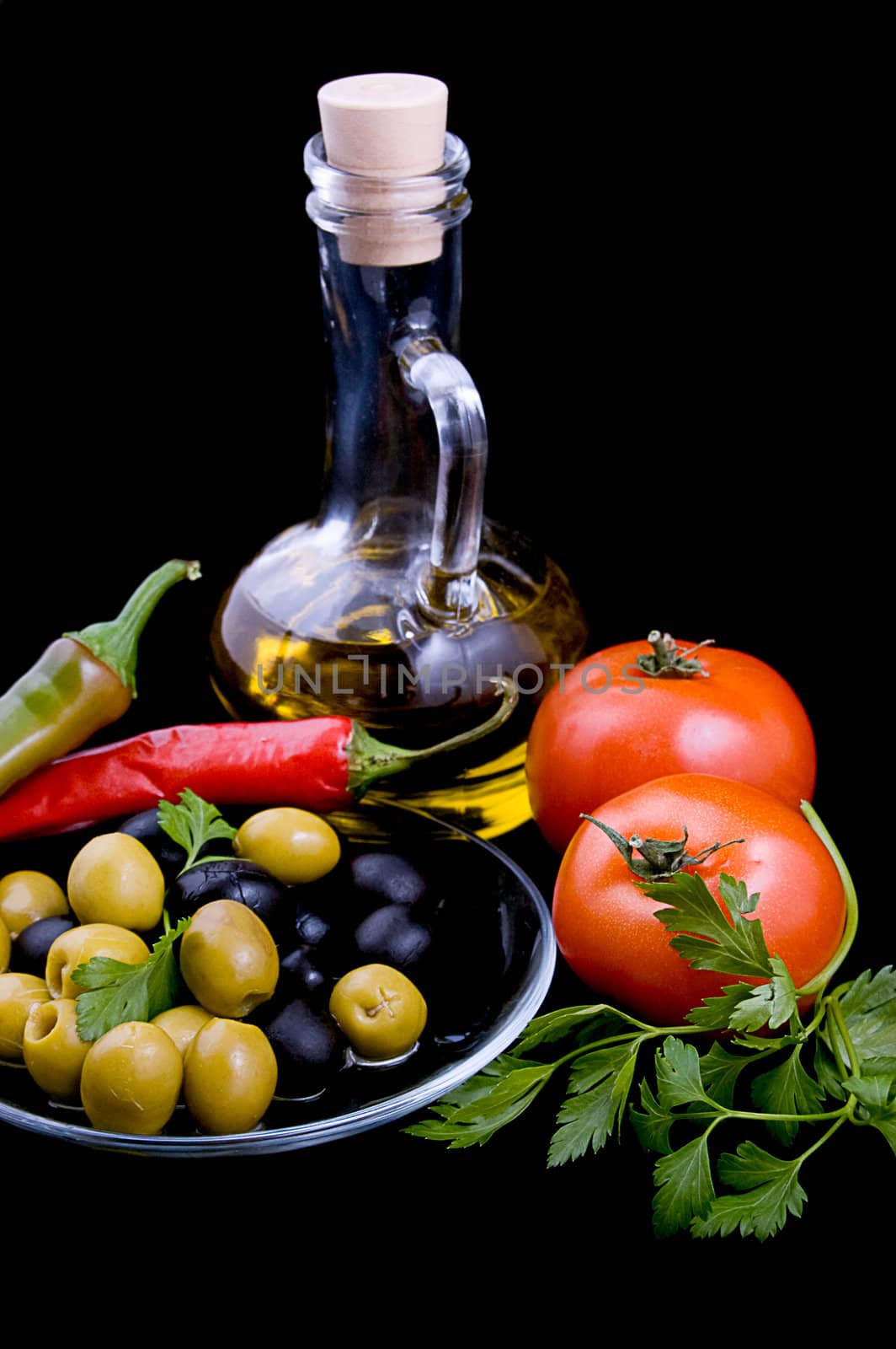 Olive oil, tomatoes, pepper and greens by Angel_a