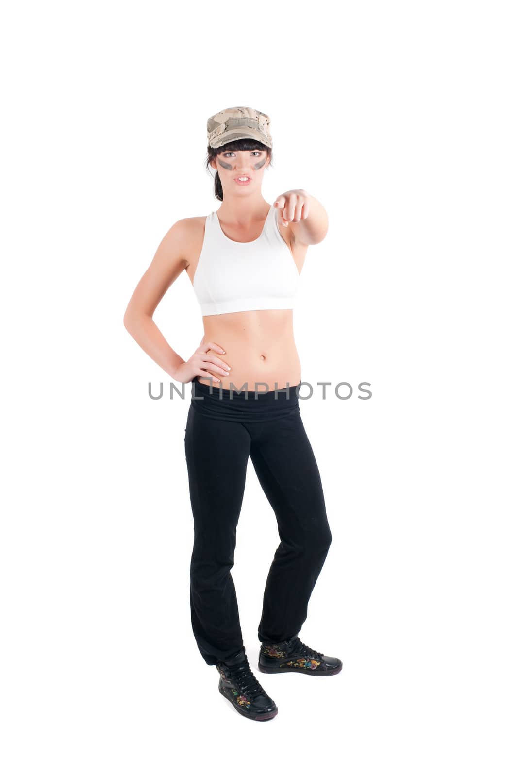 Shoot of fitness instructor in military style isolated on white