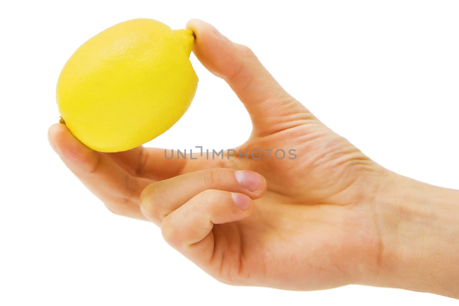 yellow lemon in male hands on a white background
