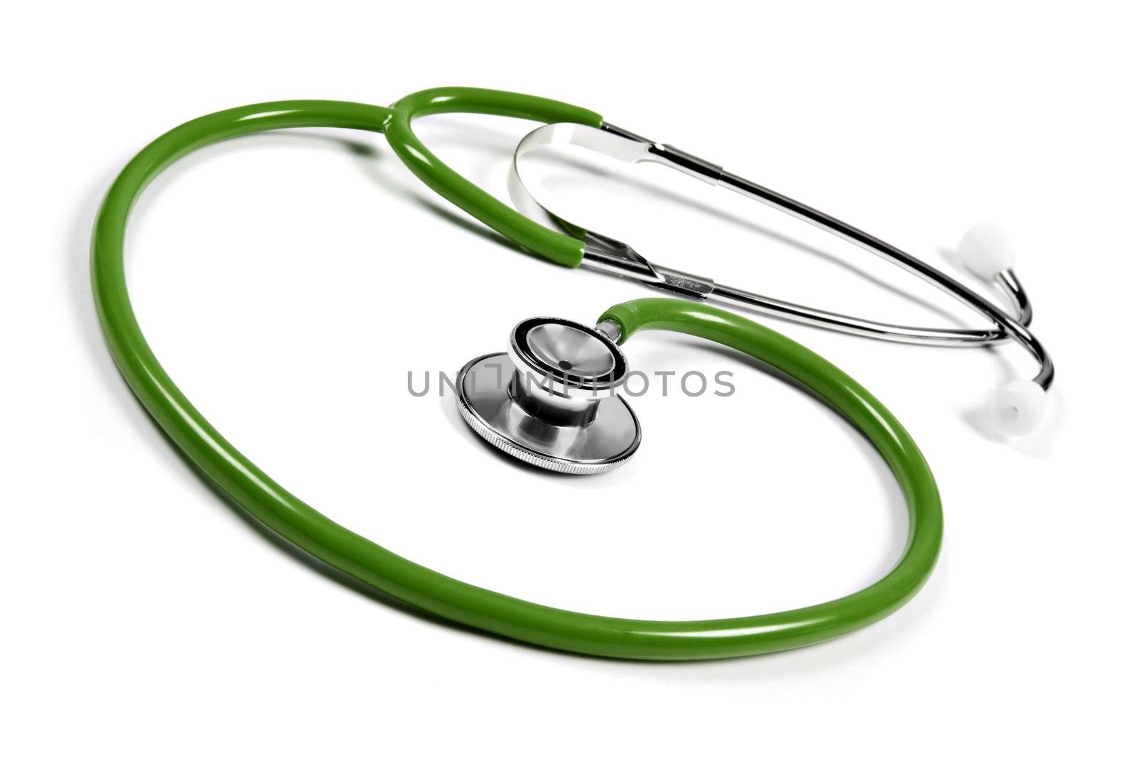 Green stethoscope on white background