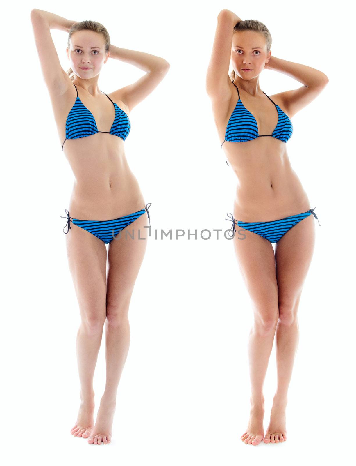 Studio shot of the young adult woman isolated over white background. Two shots show her skin tone before and after solarium and identical tanning procedures.