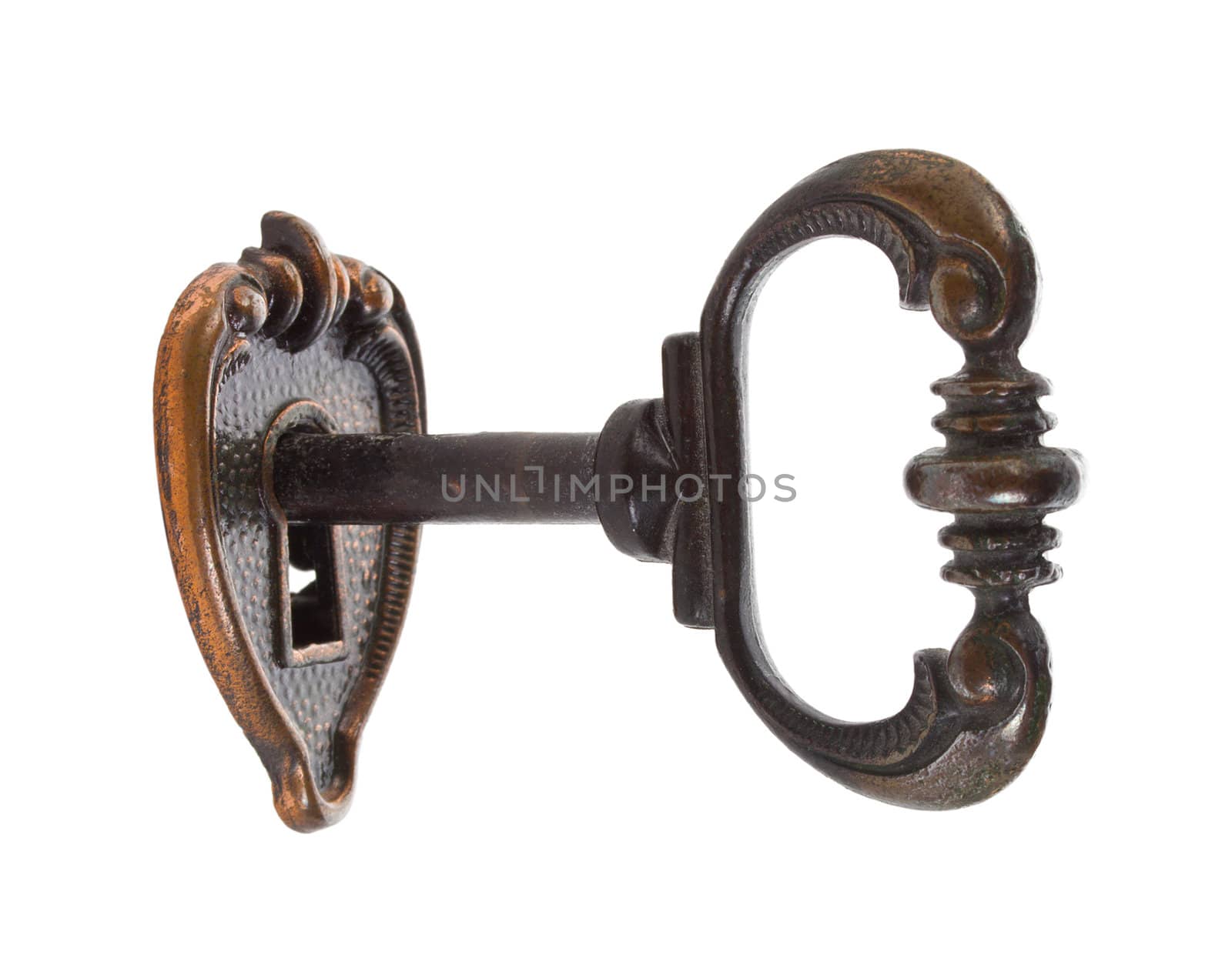 close-up old key in keyhole, isolated on white
