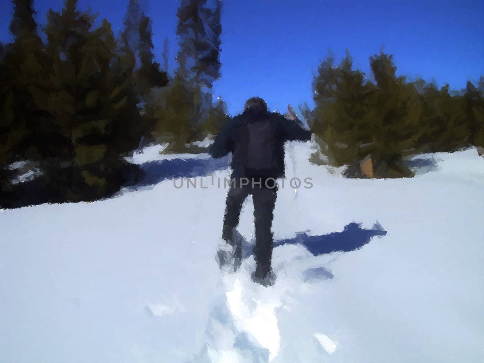 A man trudging through the soft white snow.