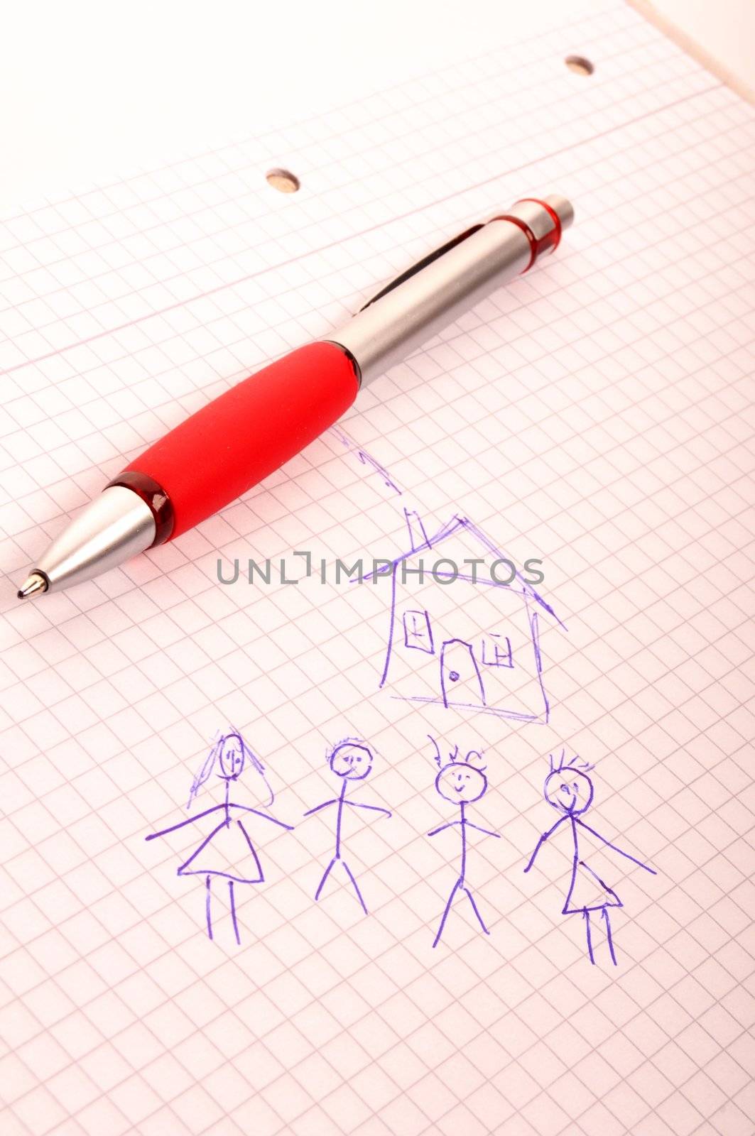 real estate concept with young family and house drawing