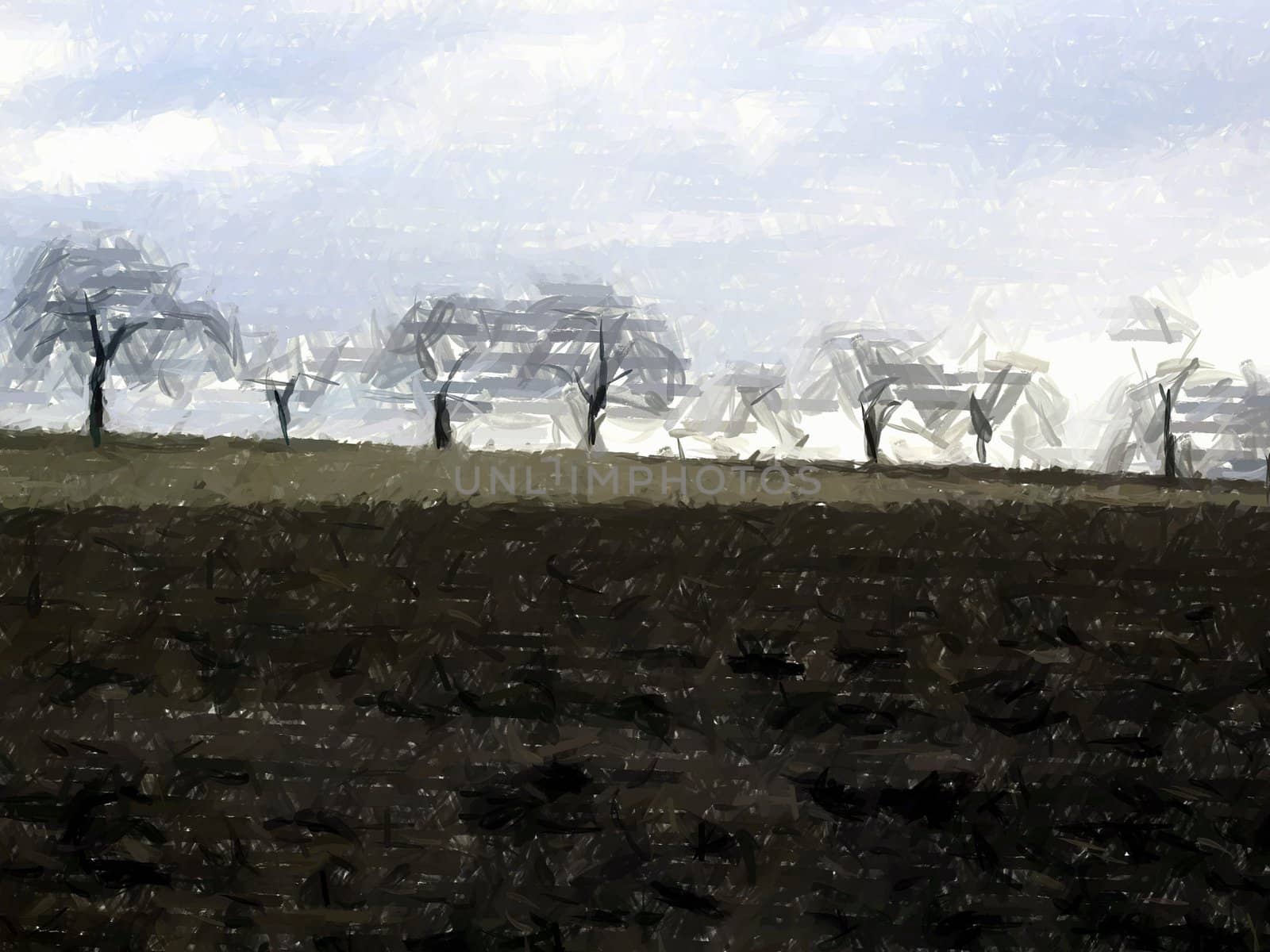 Painting of a field and trees