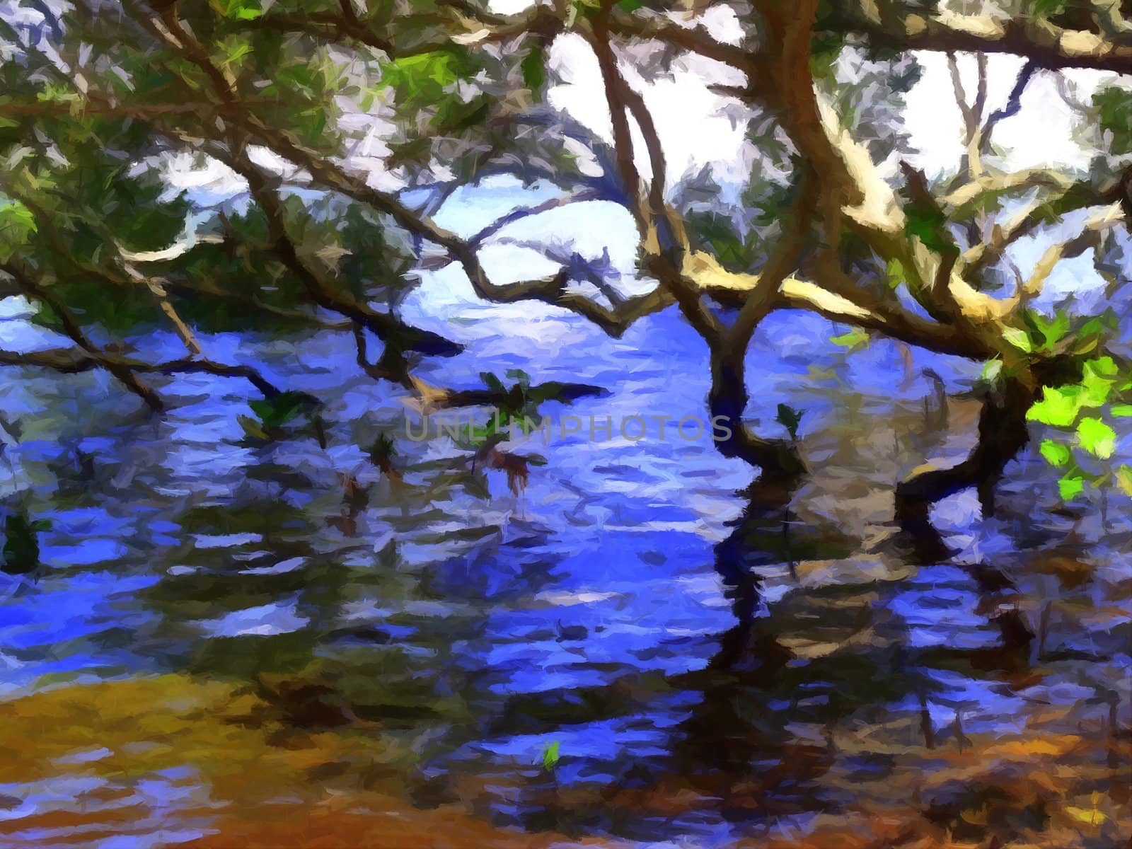 Painting of a view from inside the mangroves