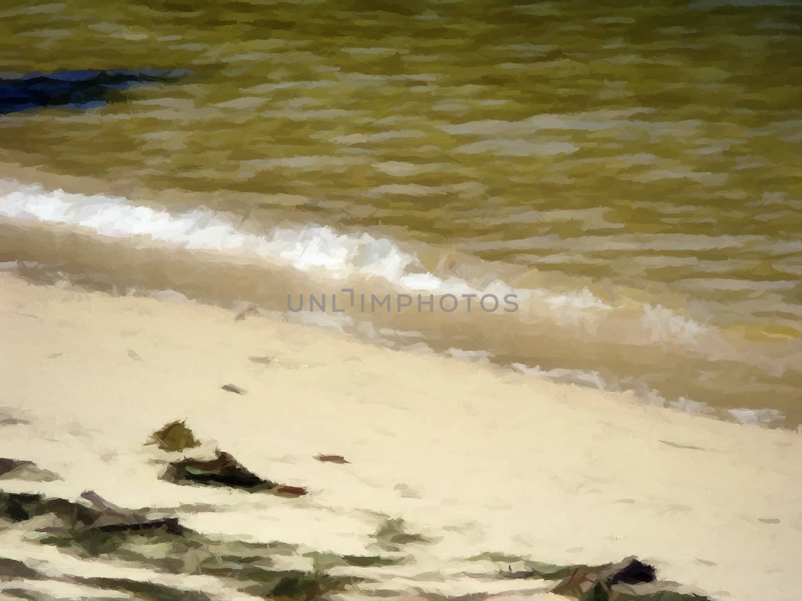 Painting of a very small wave hitting the beach.