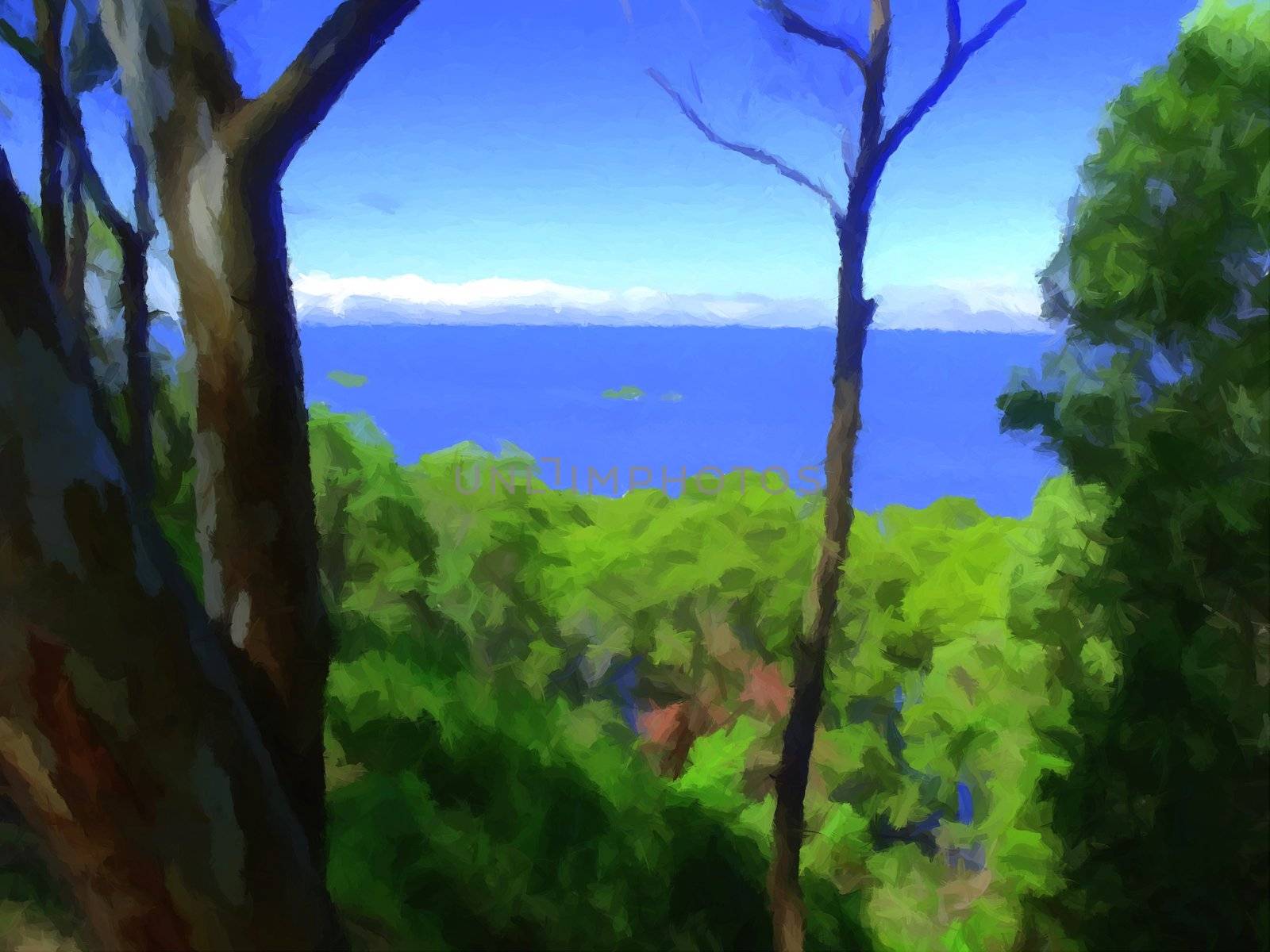 Painting of a great view from a cliff