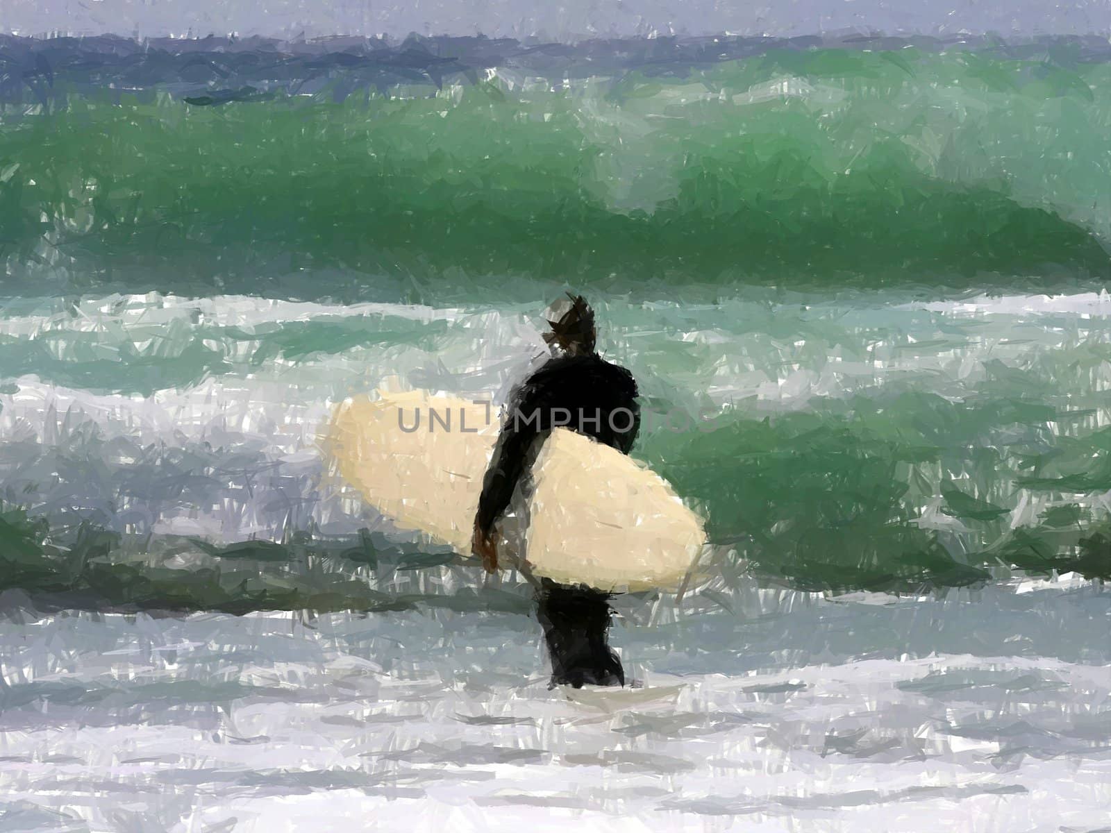 Painting of a surfer heading into the water