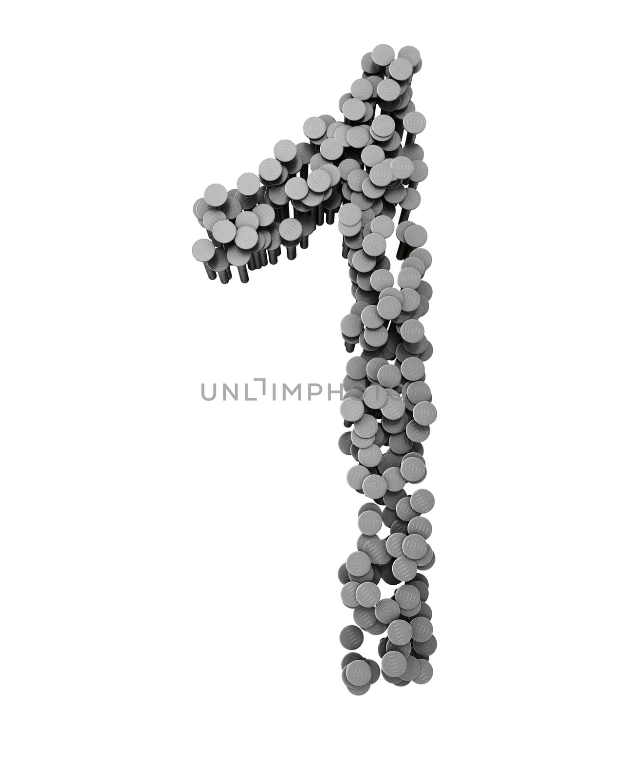 Alphabet made from hammered nails isolated on white background, number 1