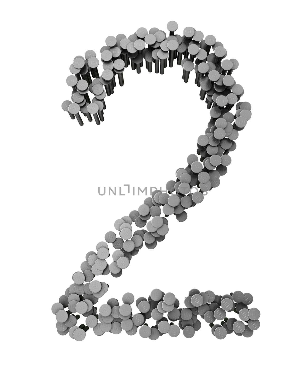 Alphabet made from hammered nails isolated on white background, number 2