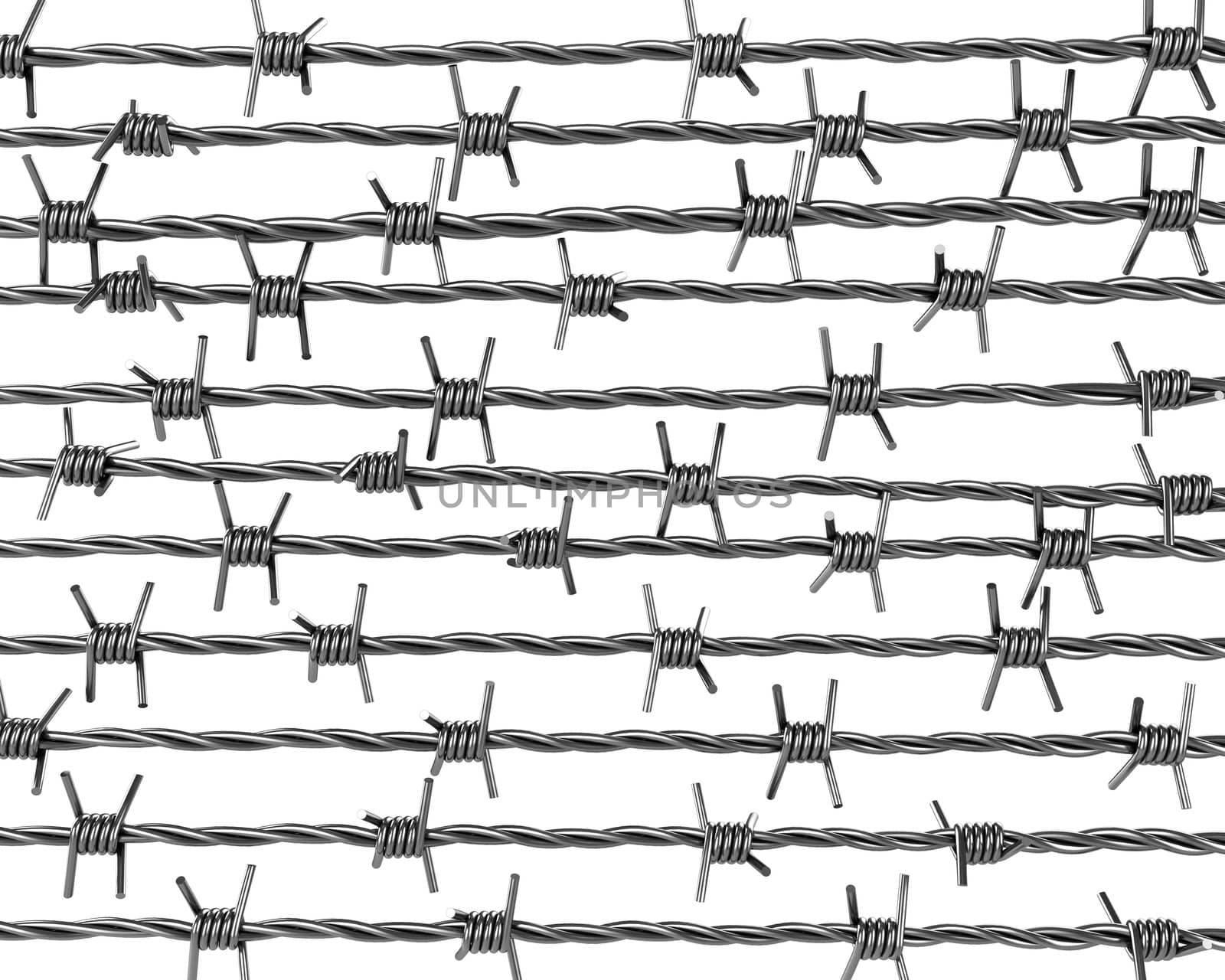 Lines of barbed wire isolated on white background