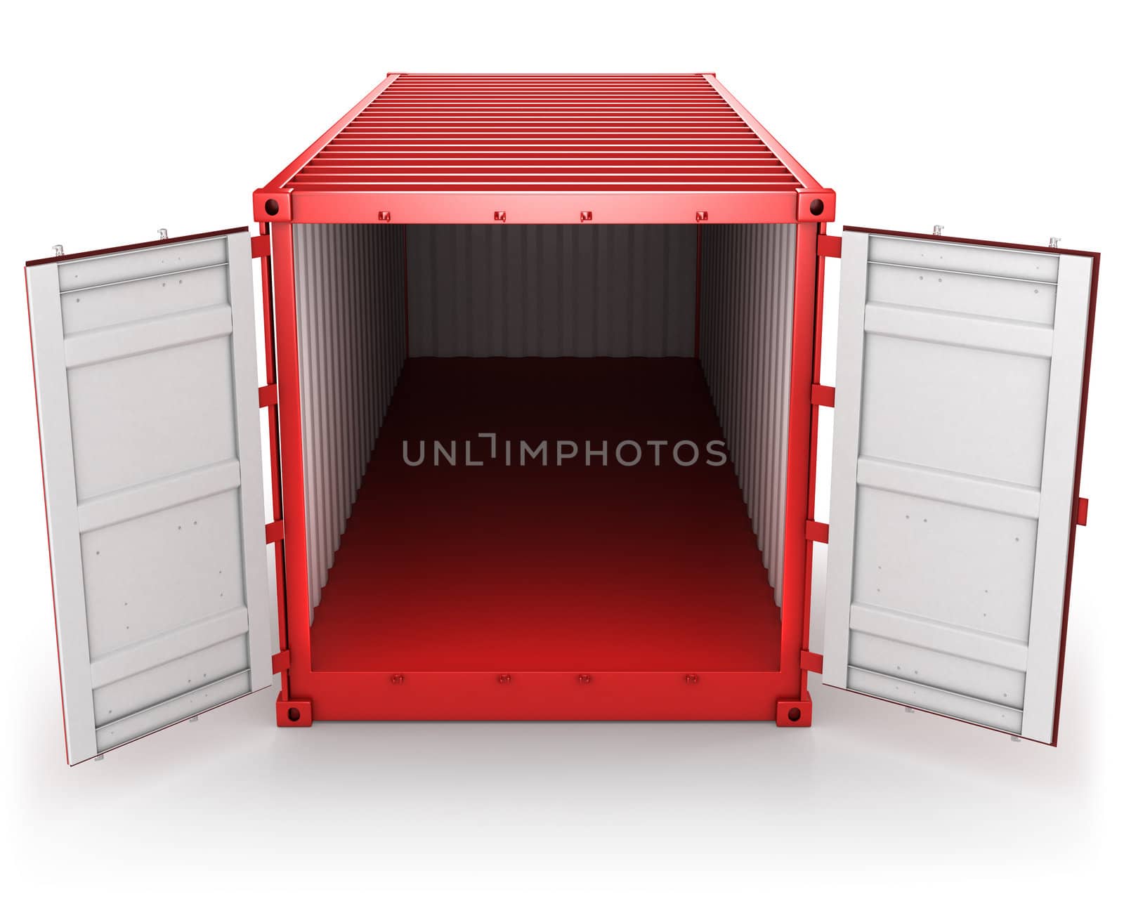 Opened red freight container isolated on white background, front view