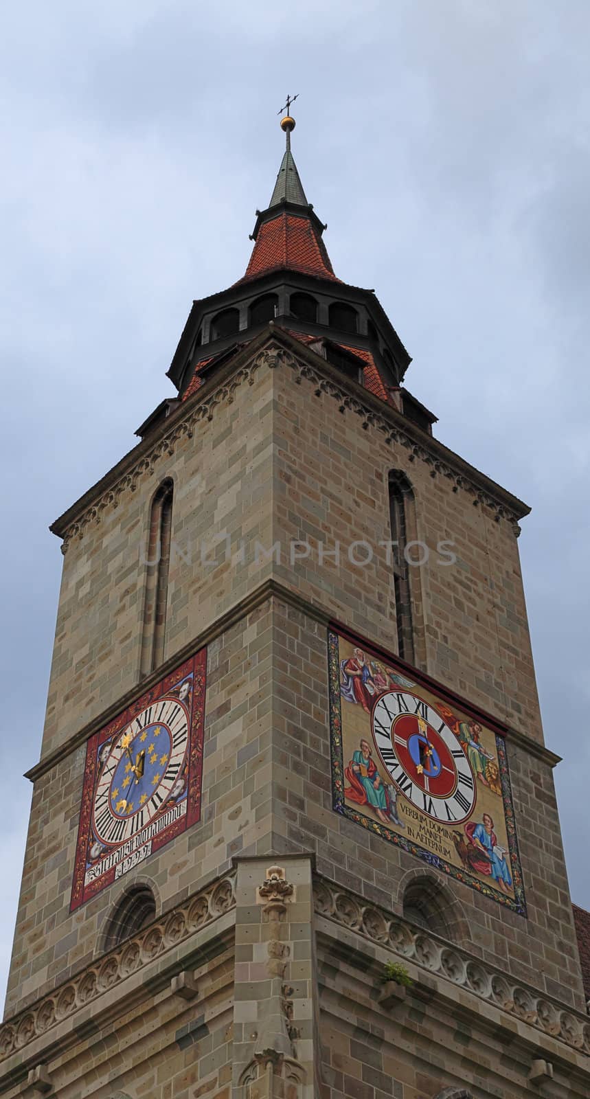 Detail of the tower of The Black Church from Brasov, Transylvania, Romania. Being over 500 years old, The Black Church is the the greatest Gothic church in Transylvania.