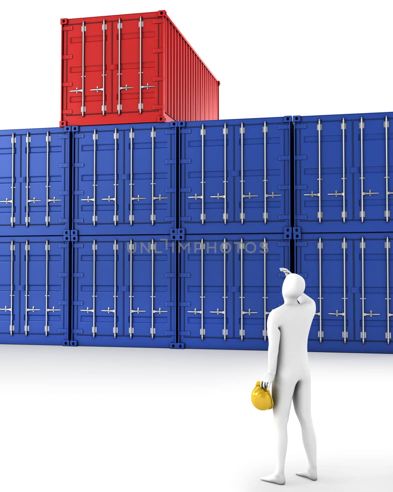 Man tries to find his container, isolated on white background