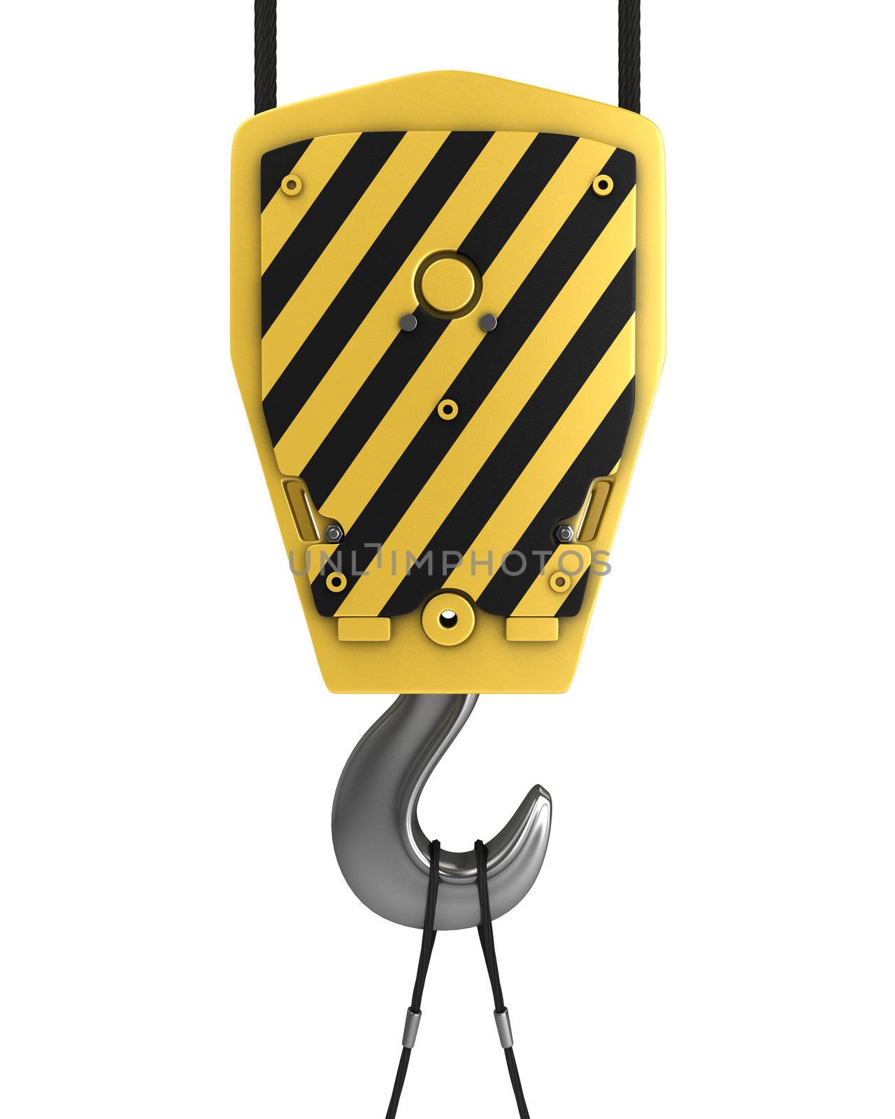 Yellow crane hook, front view, isolated on white background