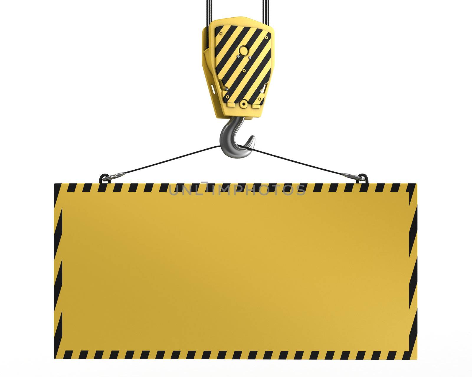 Yellow crane hook lifting blank yellow for design purposes, isolated on white background