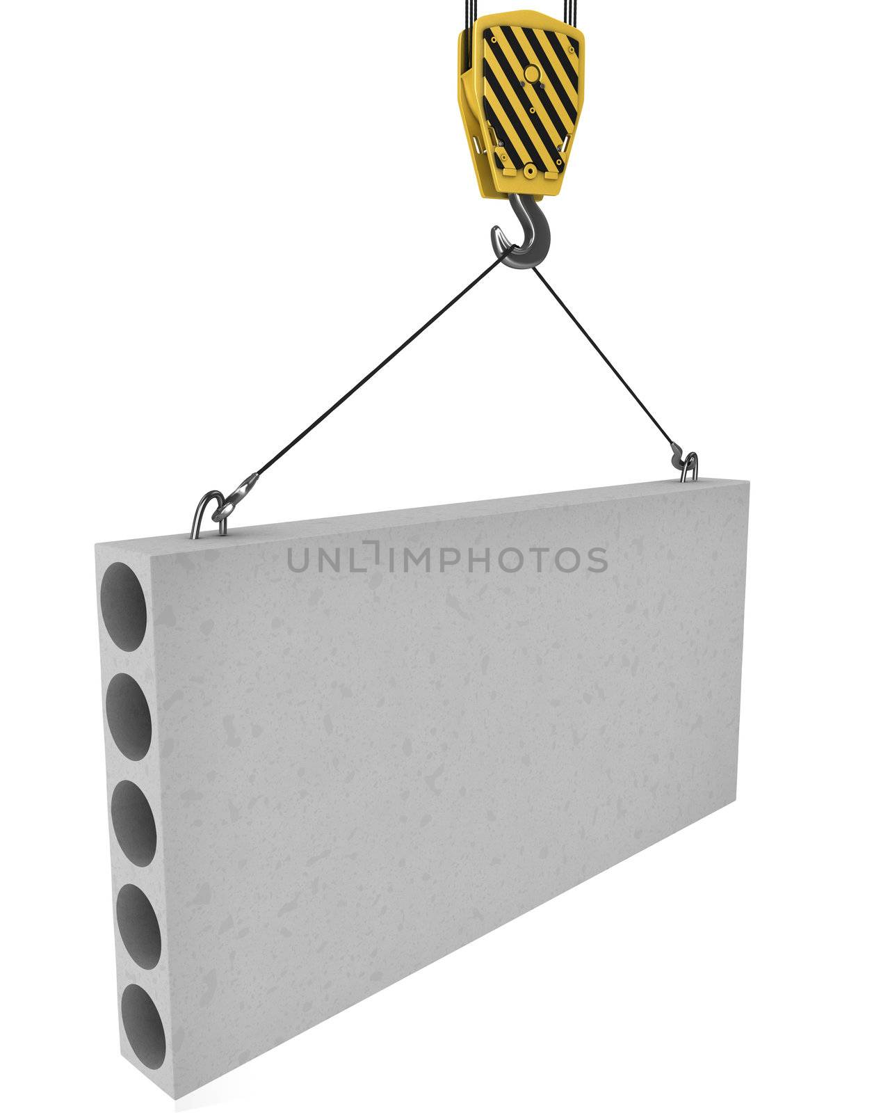 Crane hook lifts up concrete plate isolated on white background