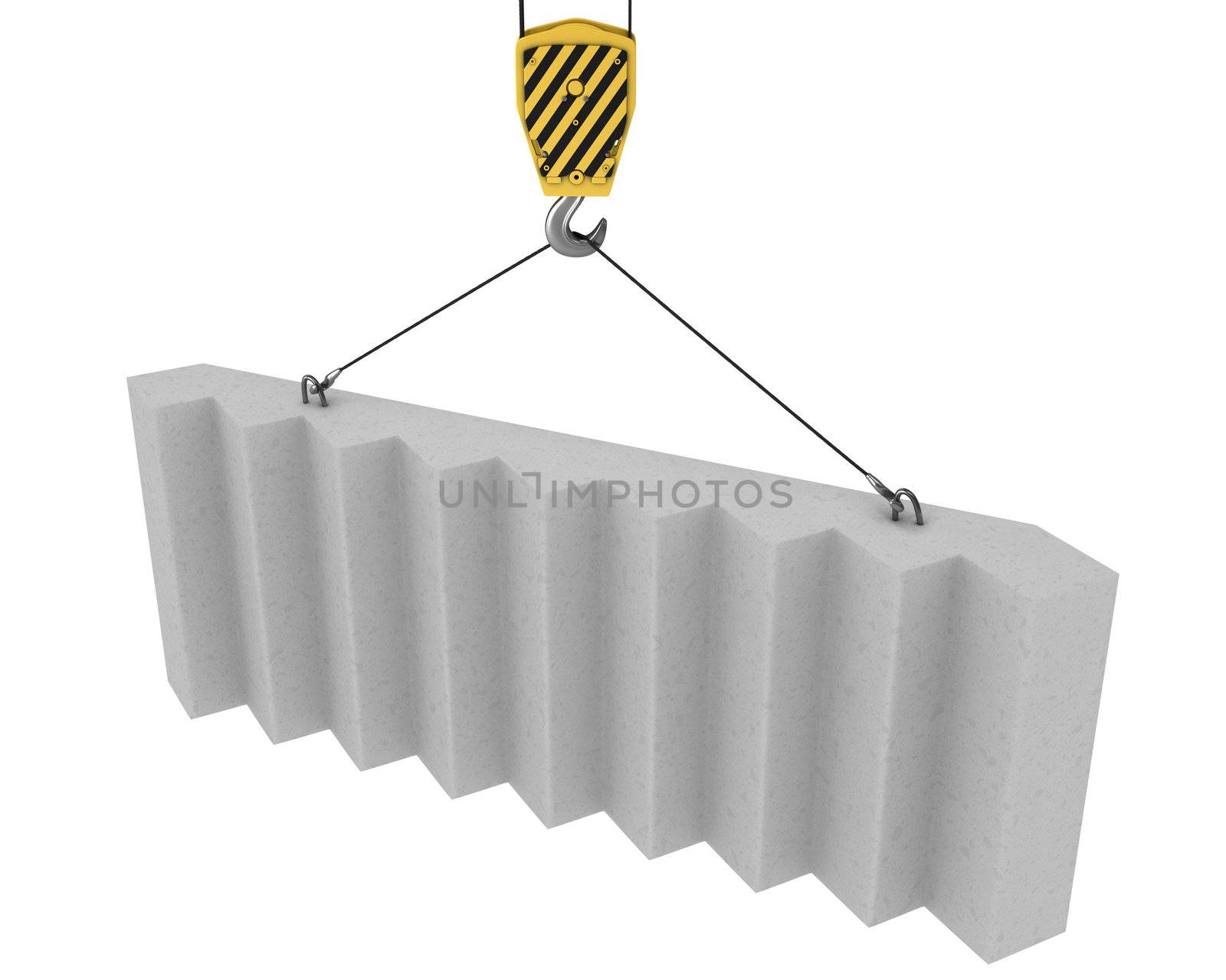 Crane hook lifts up concrete stairs isolated on white background