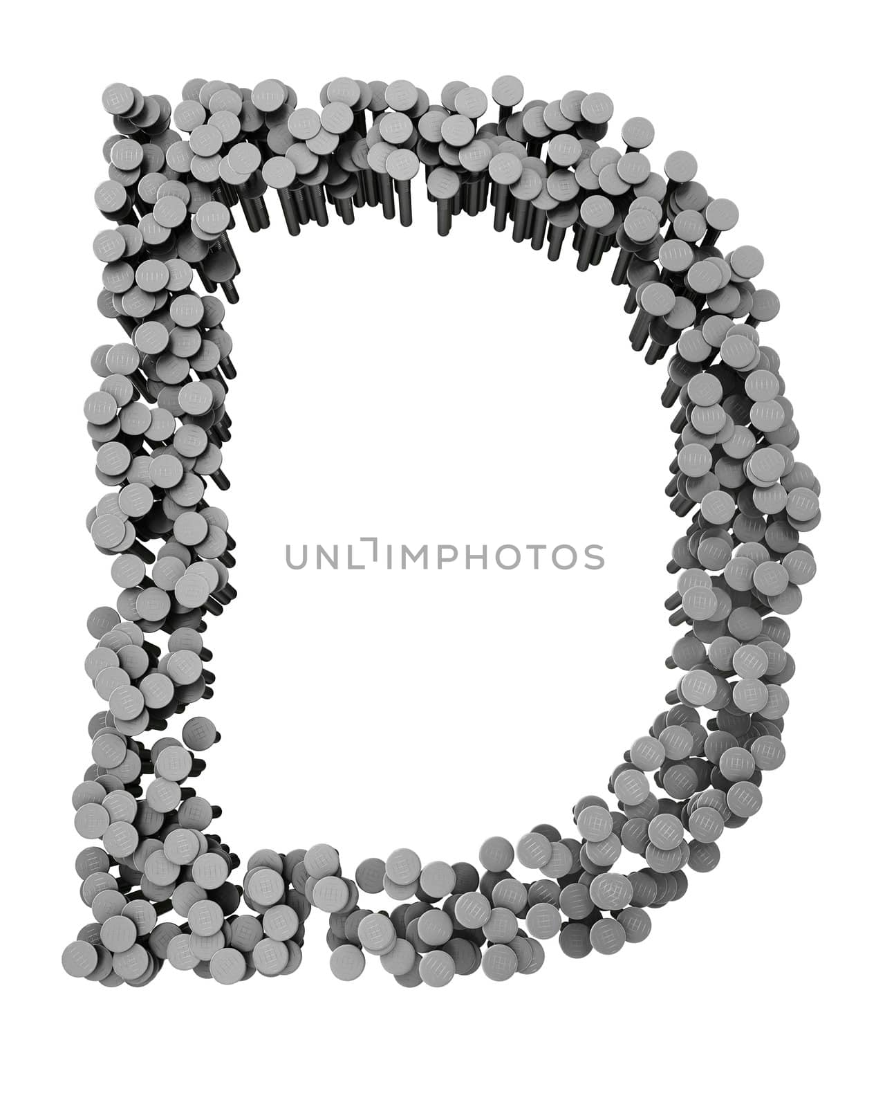 Alphabet made from hammered nails isolated on white background