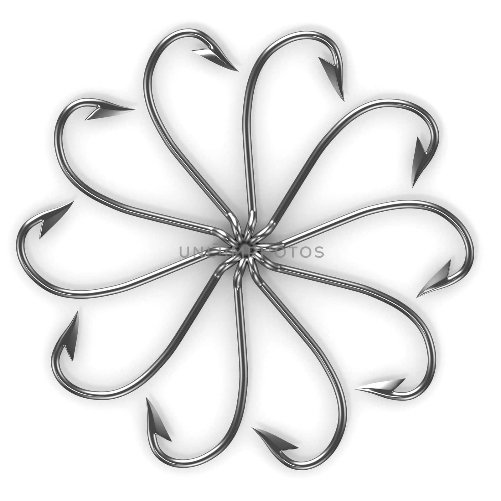 Abstract flower made from fishing hooks isolated on white background