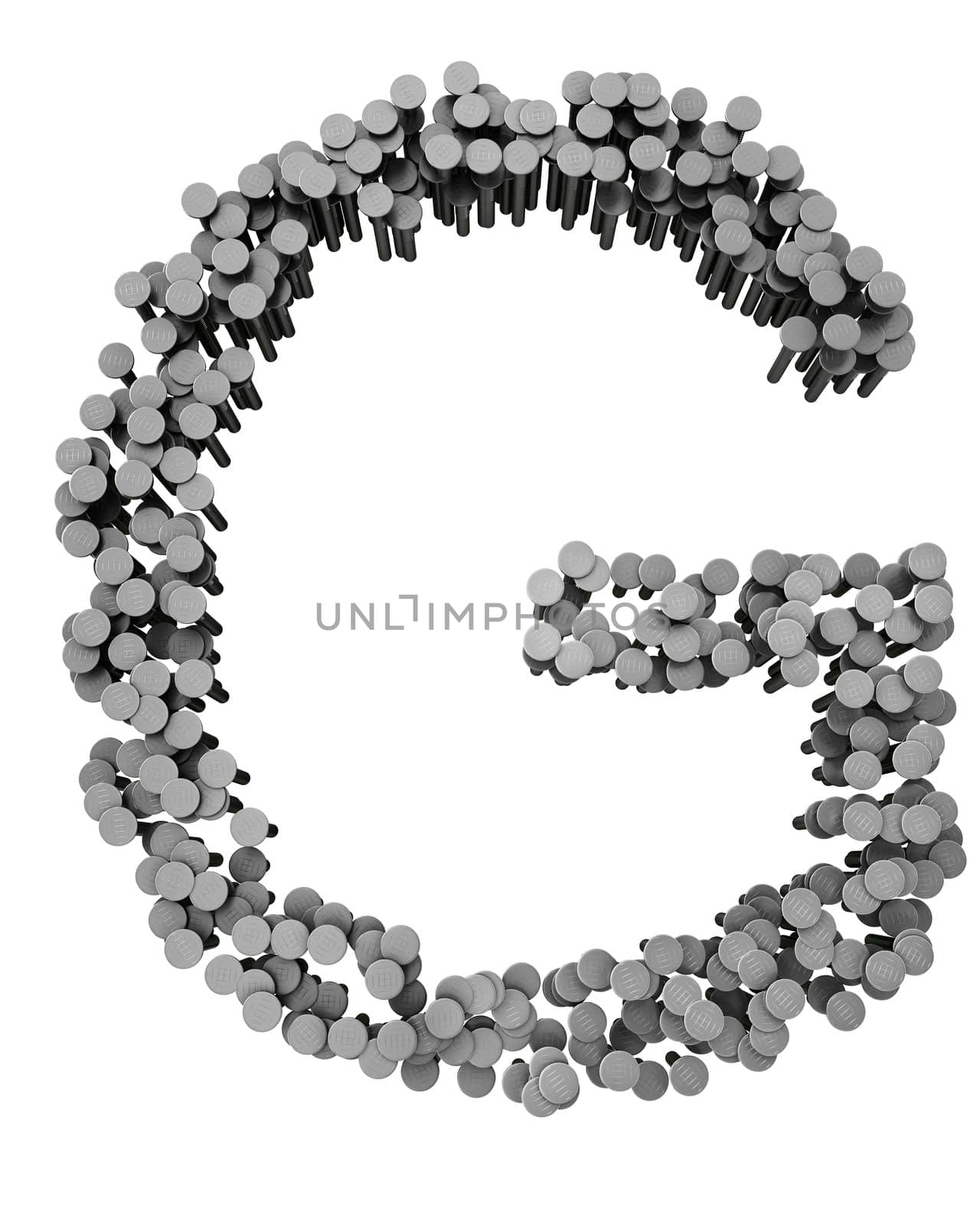 Alphabet made from hammered nails isolated on white background