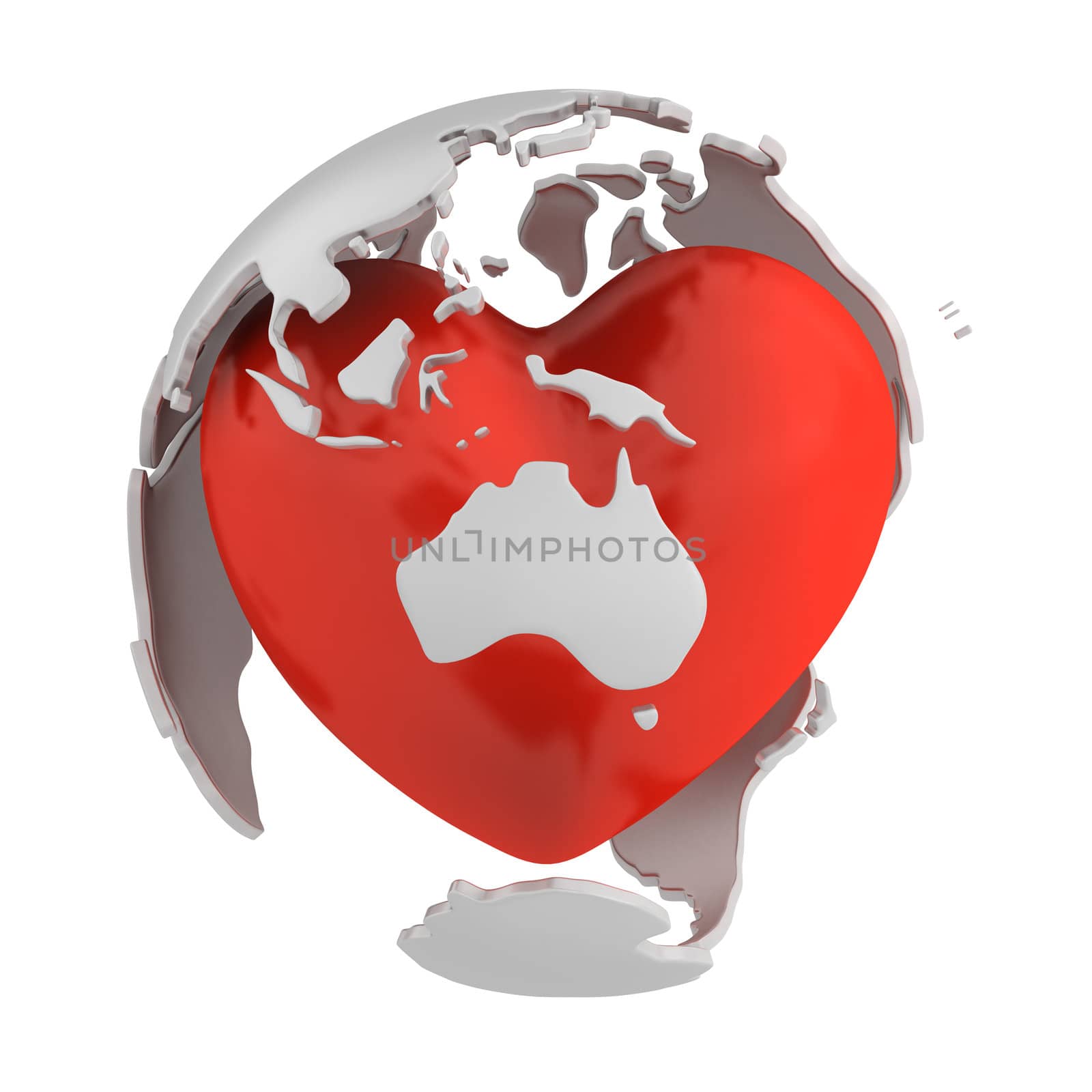 Globe with heart, Australia part isolated on white background