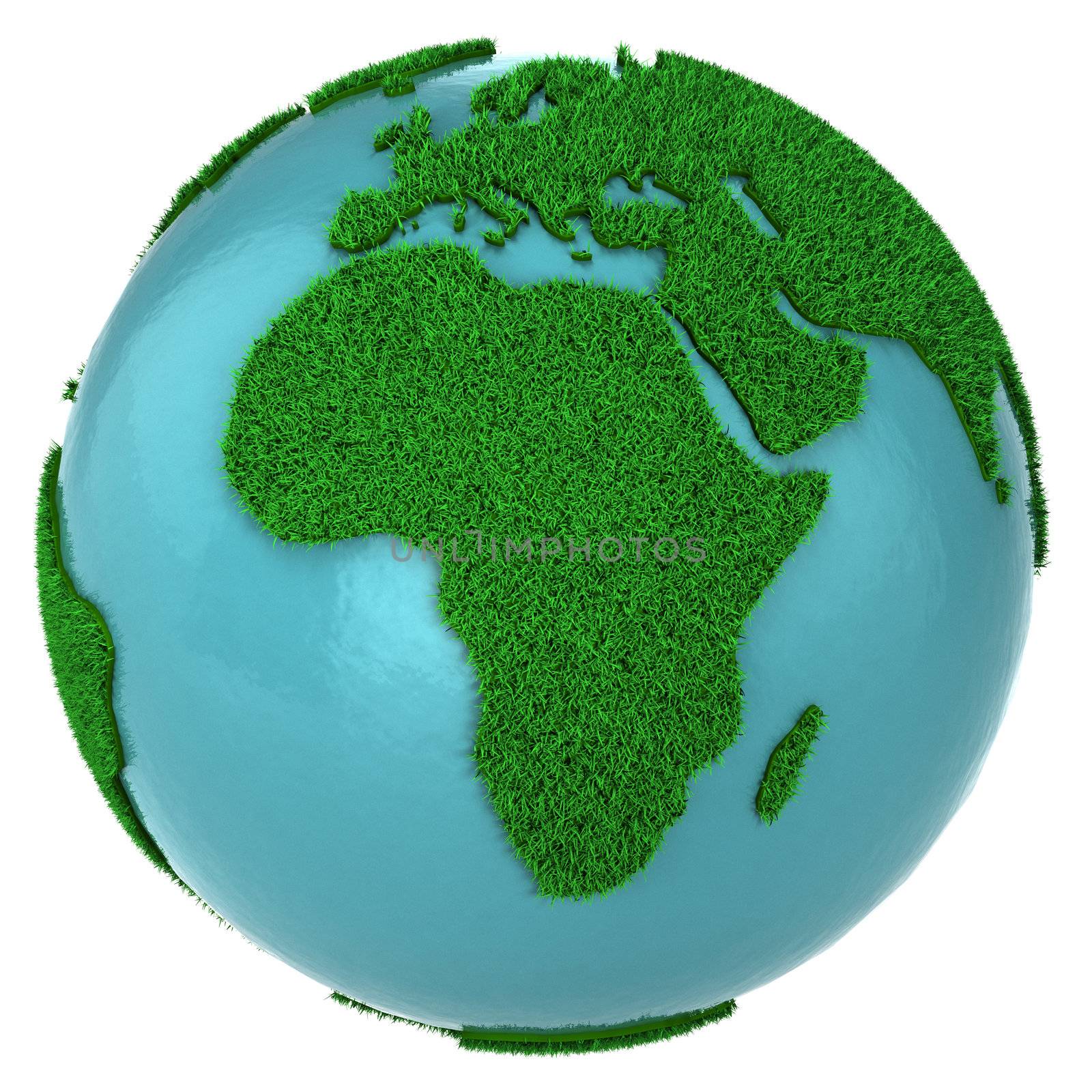 Globe of grass and water, Africa part, isolated on white background