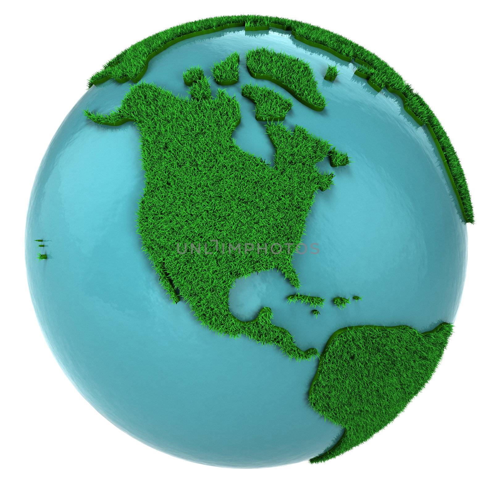 Globe of grass and water, North America part, isolated on white background