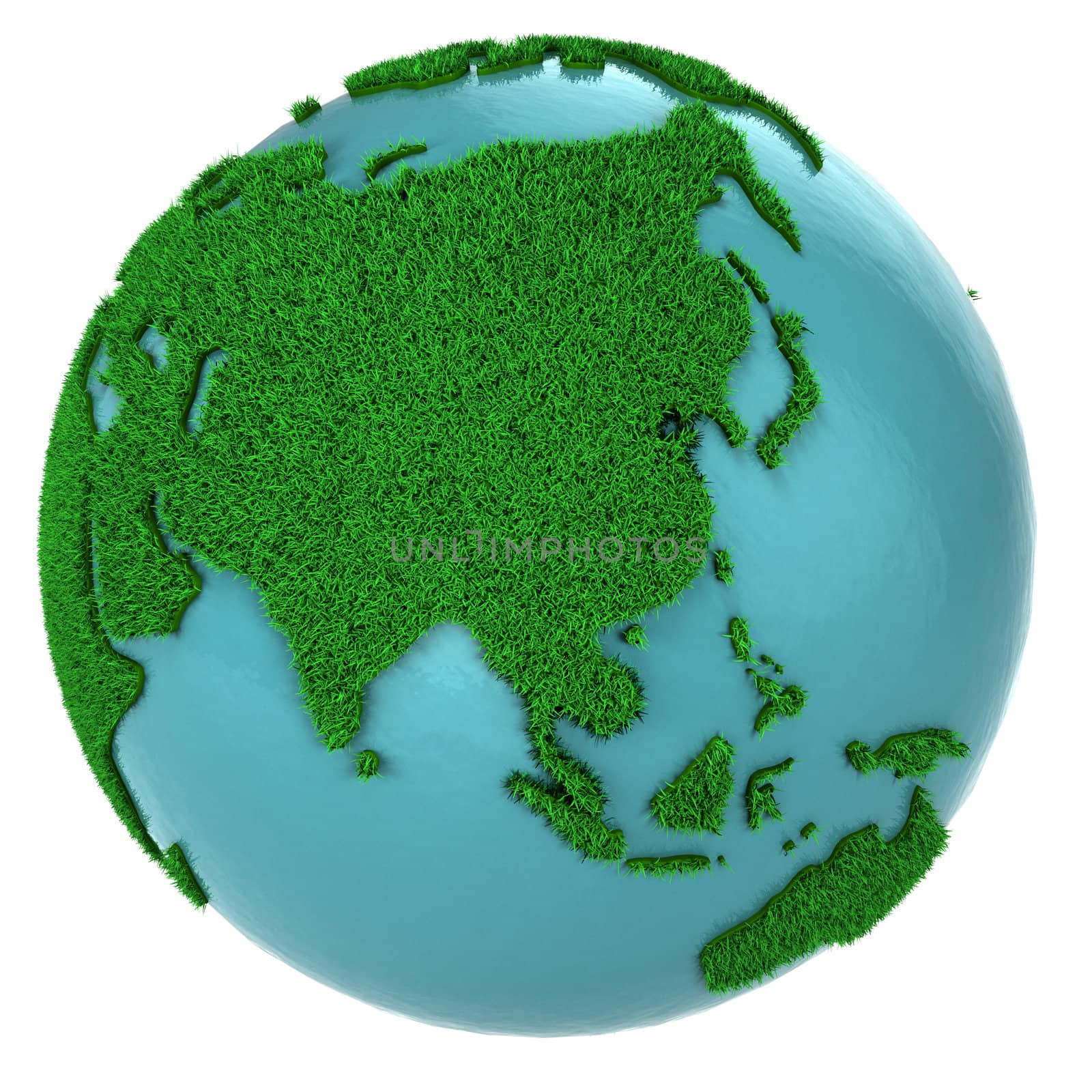 Globe of grass and water, Asia part, isolated on white background