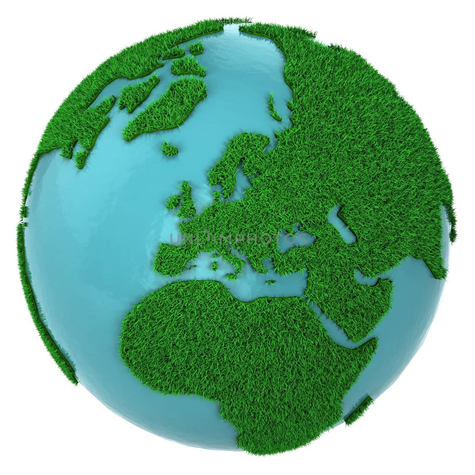 Globe of grass and water, Europe part, isolated on white background