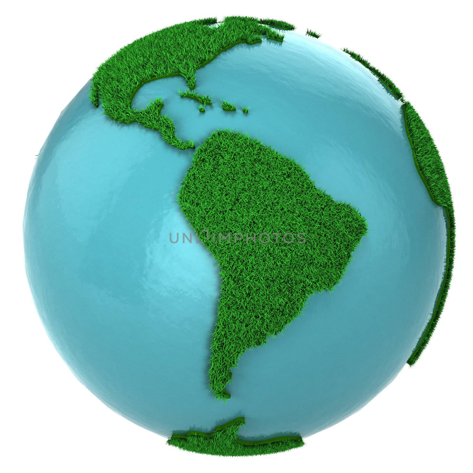 Globe of grass and water, South America part, isolated on white background