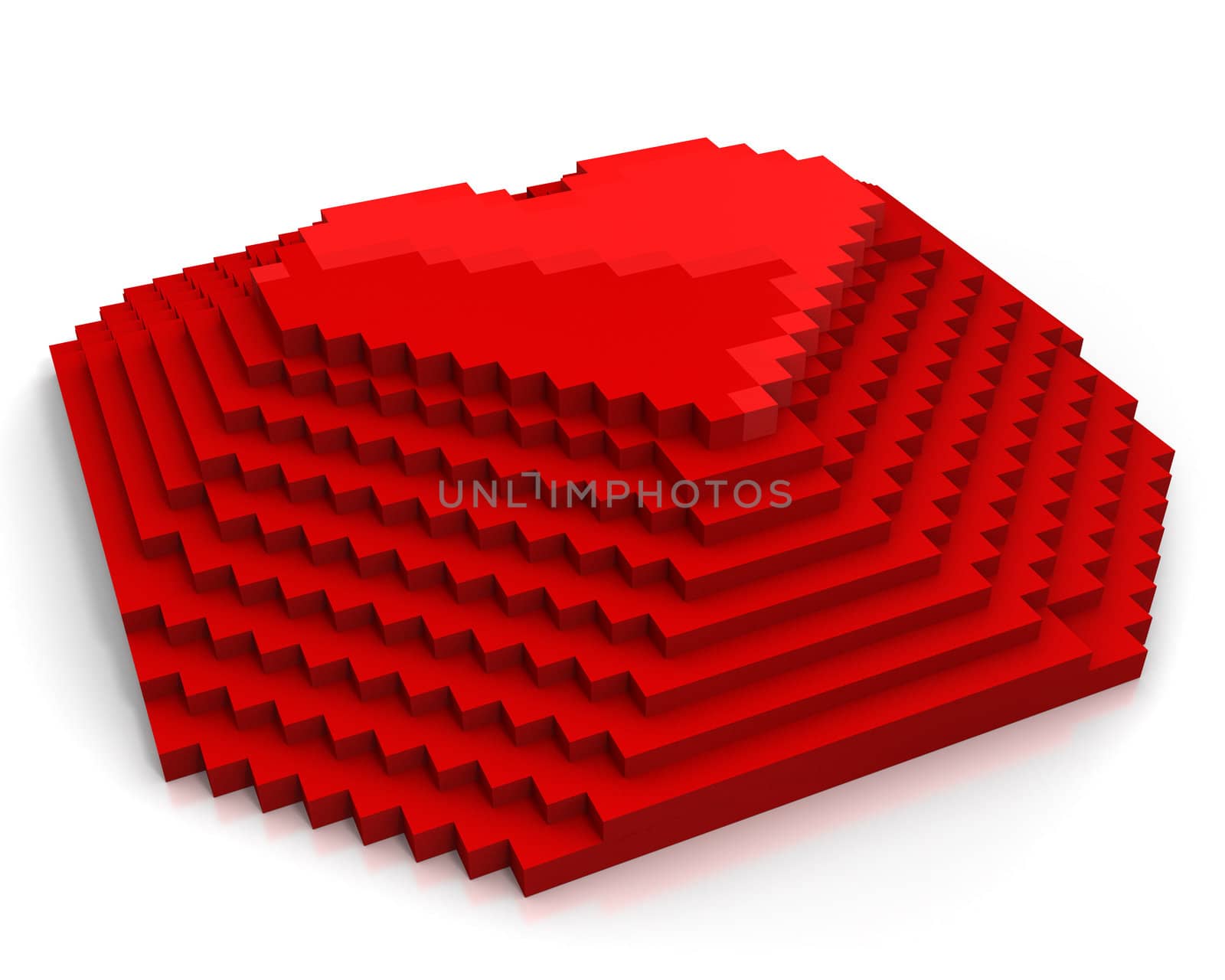 Pyramid with heart on top made of red cubic pixels isolated on white background,diagonal view