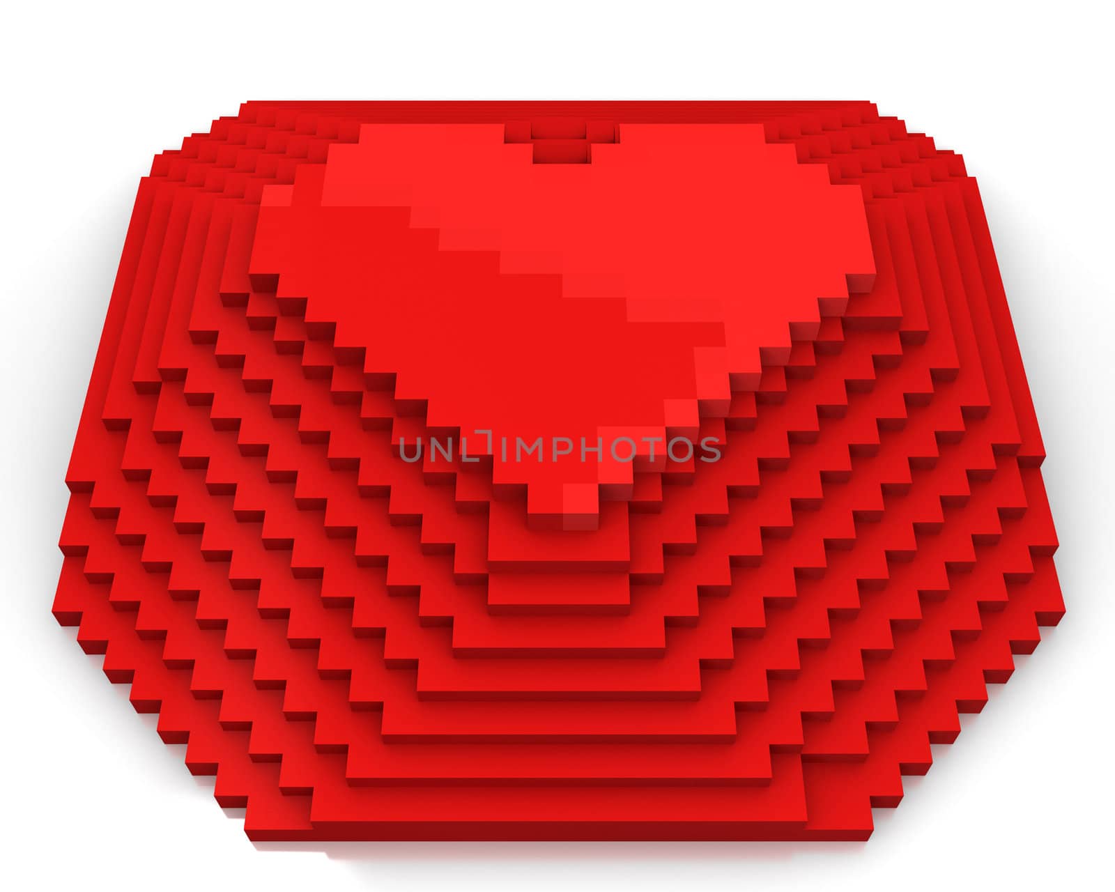 Pyramid with heart on top made of red cubic pixels isolated on white background, front view