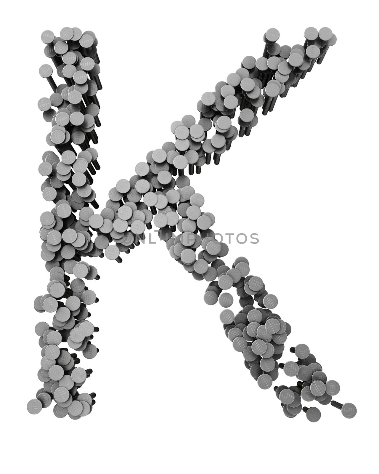 Alphabet made from hammered nails isolated on white background