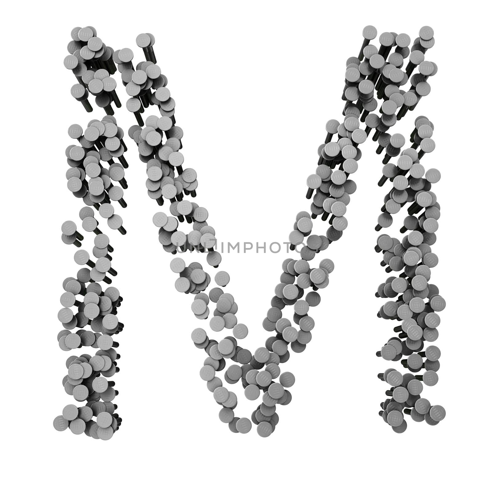 Alphabet made from hammered nails isolated on white background