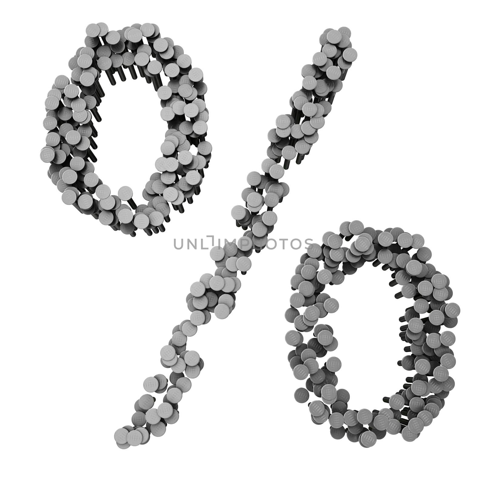 Alphabet made from hammered nails isolated on white background, percent symbol