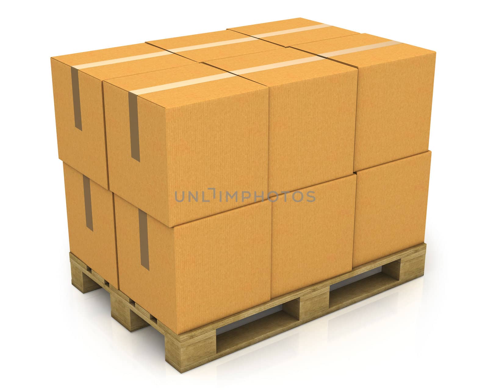 Stack of carton boxes on a pallet isolated on white background